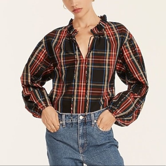NWT J.Crew Scalloped tie-neck top in Stewart tartan XXS - Picture 2 of 4